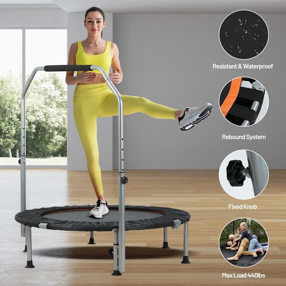 Foldable Fitness Trampoline Rebounder Adjustable Handle Quiet 150kg