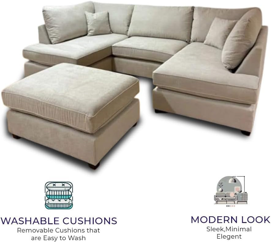 Cream U Shape Sofa 6 Seater High Back Modular Settee with Footstool