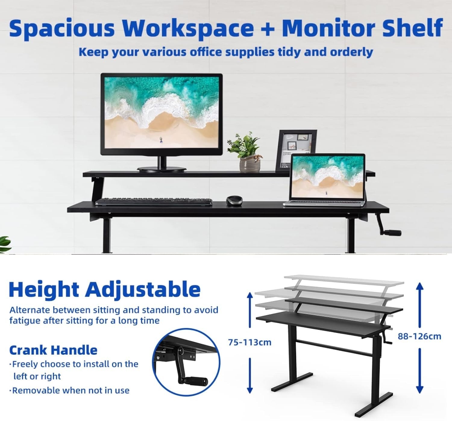 Black Adjustable Standing Desk 113cm Crank Handle Sit Stand Table
