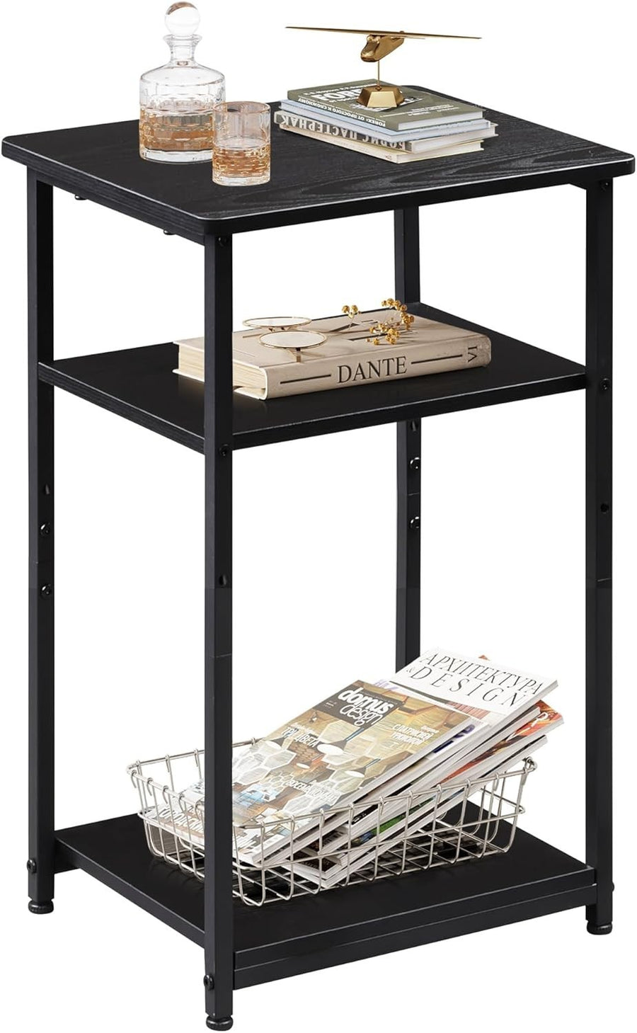3-Tier Side Table – 56x37x31cm End Table Embossed Black Steel Frame