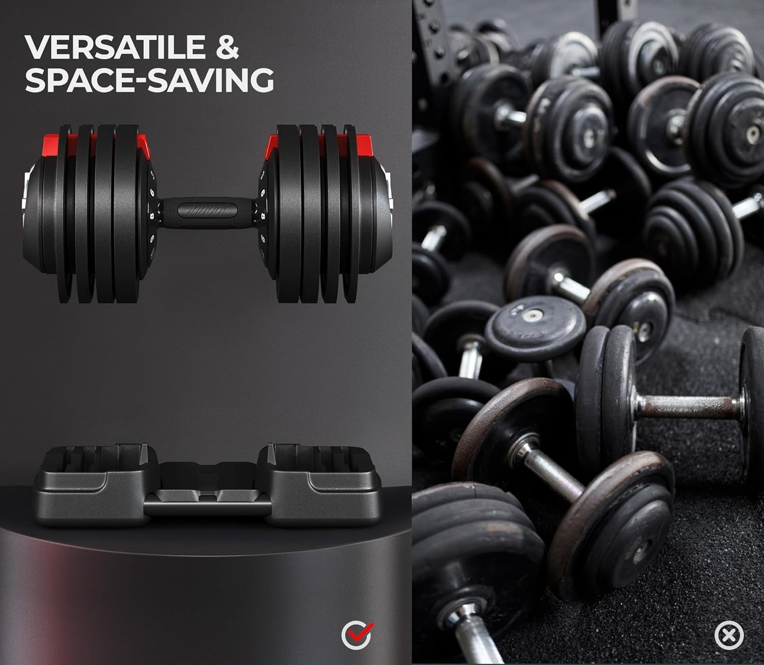 Adjustable Dumbbell Set 24kg 12-in-1 One-Second Dial Space-Saving Gym