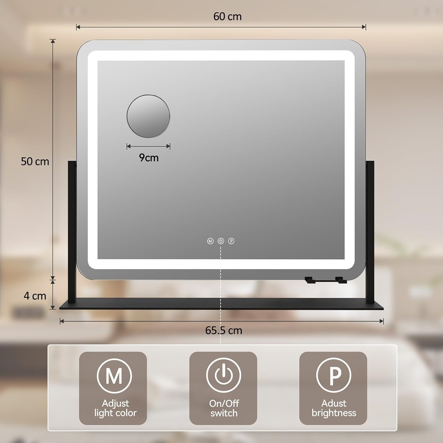 LED Vanity Mirror 60x50cm with 360° Rotation, Touch Control & USB Port