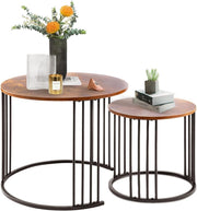 Brown Wood Nesting Coffee Table Set Round Modern Rustic Metal Frame Sled Base