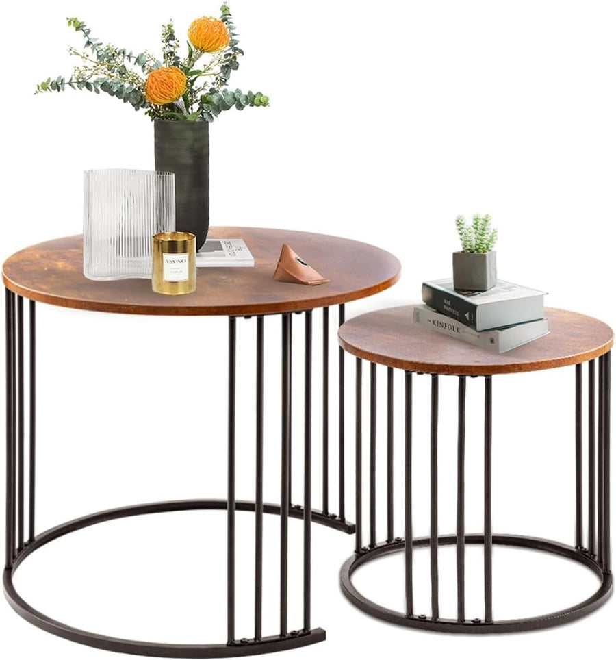 Brown Wood Nesting Coffee Table Set Round Modern Rustic Metal Frame Sled Base