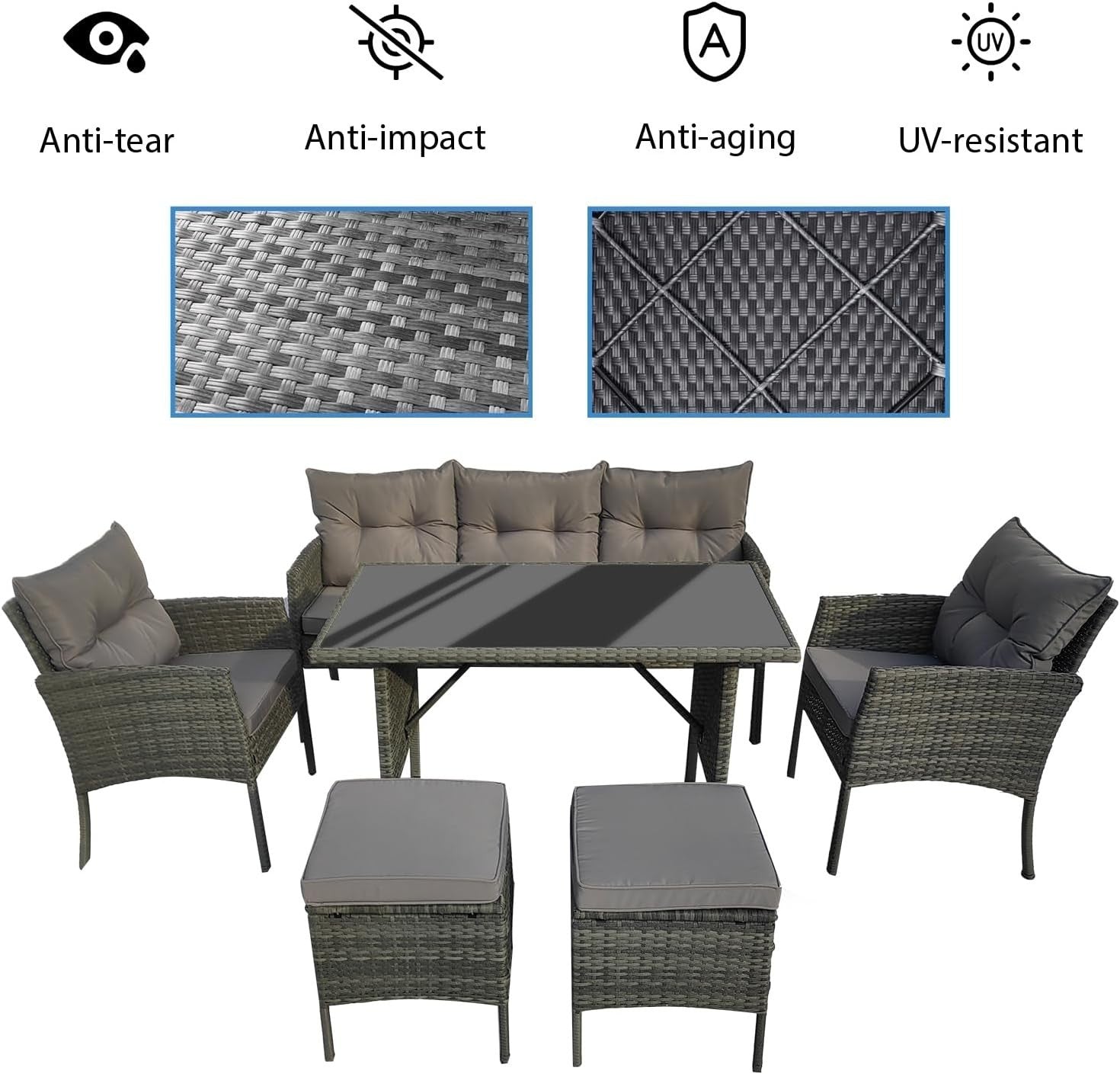 6 Seater Rattan Garden Furniture Set with Cushions Grey Outdoor Sofa Table