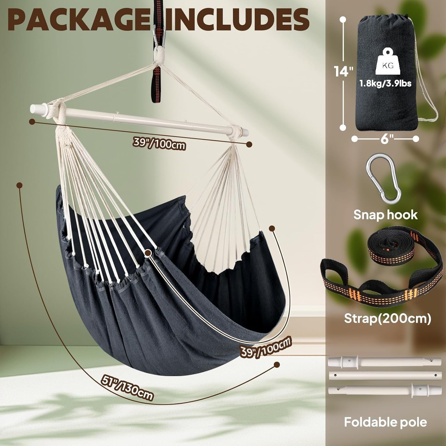 Hammock Chair Swing – Portable, Collapsible, Cotton Comfort, 1 Person