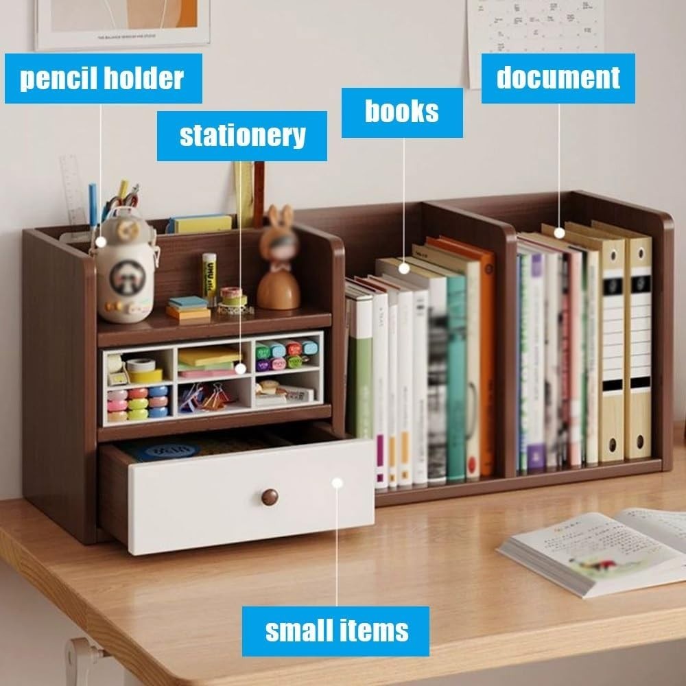 Wood Desktop Storage Rack w/ Drawer | Multi-Tier Office Bookshelf 56x17x25cm