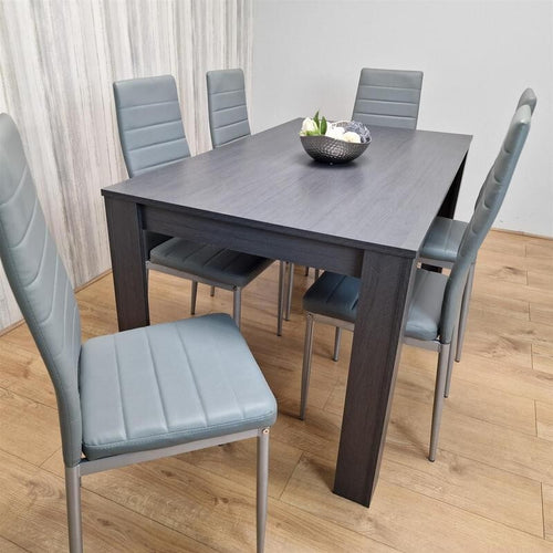 Dark Grey Dining Table Set with 6 Faux Leather Chairs Modern Kitchen