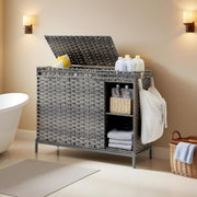 130L Grey Rattan Laundry Hamper 3 Section Basket with Lid & Storage Shelf