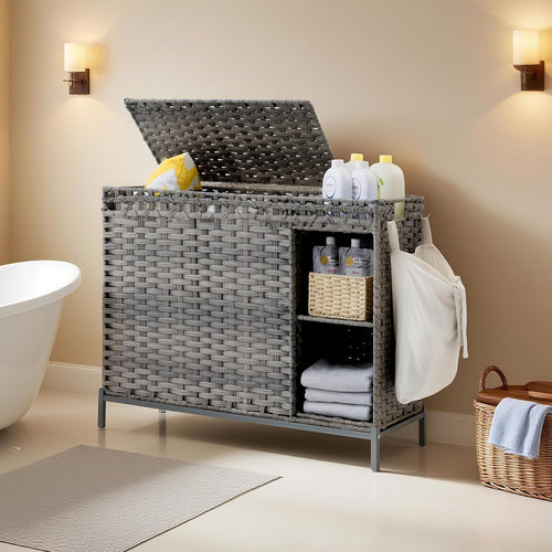 130L Grey Rattan Laundry Hamper 3 Section Basket with Lid & Storage Shelf