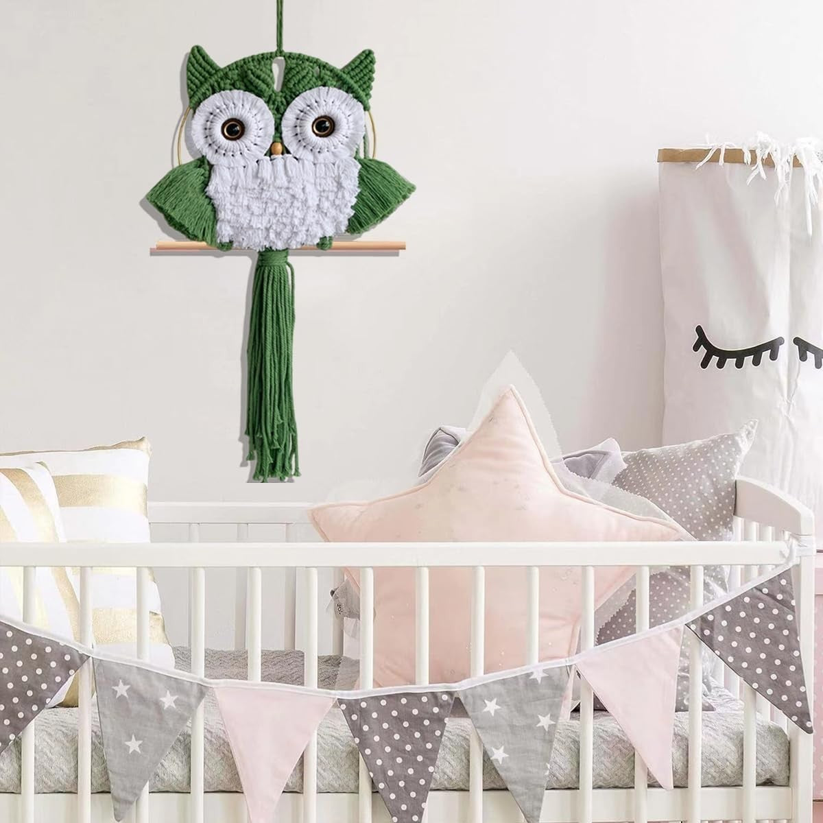 Avocado Green Macrame Owl Wall Hanging Boho Fiber Art Decor