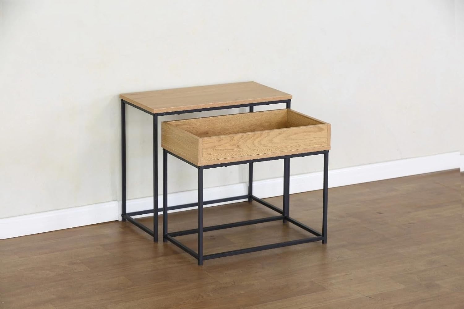 2 Nesting Side Tables Coffee Bedside Modern Steel Frame Melamine Top Black/Oak