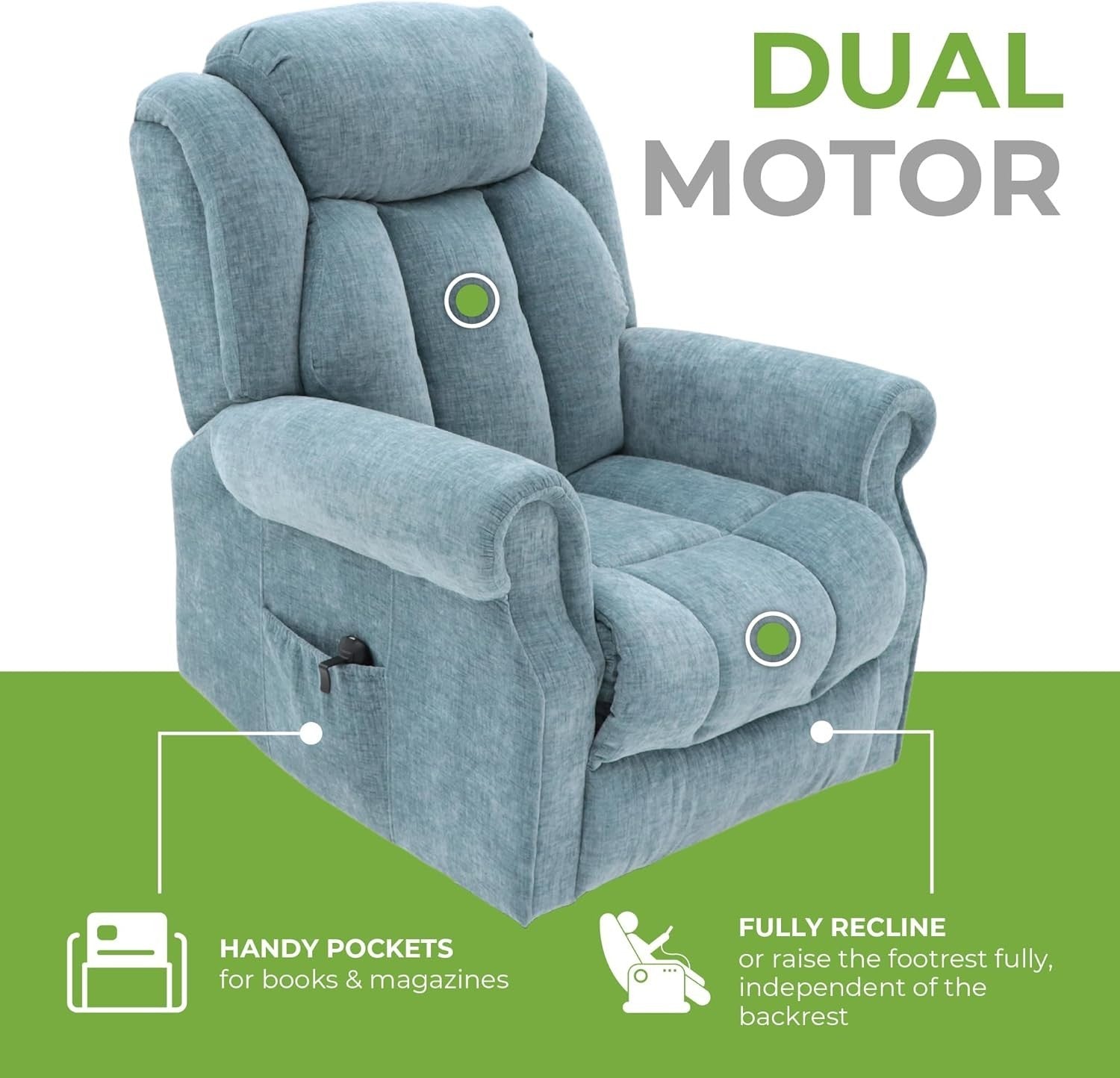 Dual Motor Lift Recliner Chair Heat Massage Fabric Riser Mobility Support Blue