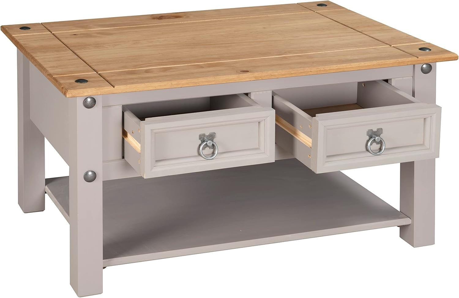Grey 2-Drawer Coffee Table, Solid Pine Mexican Style 85x50cm