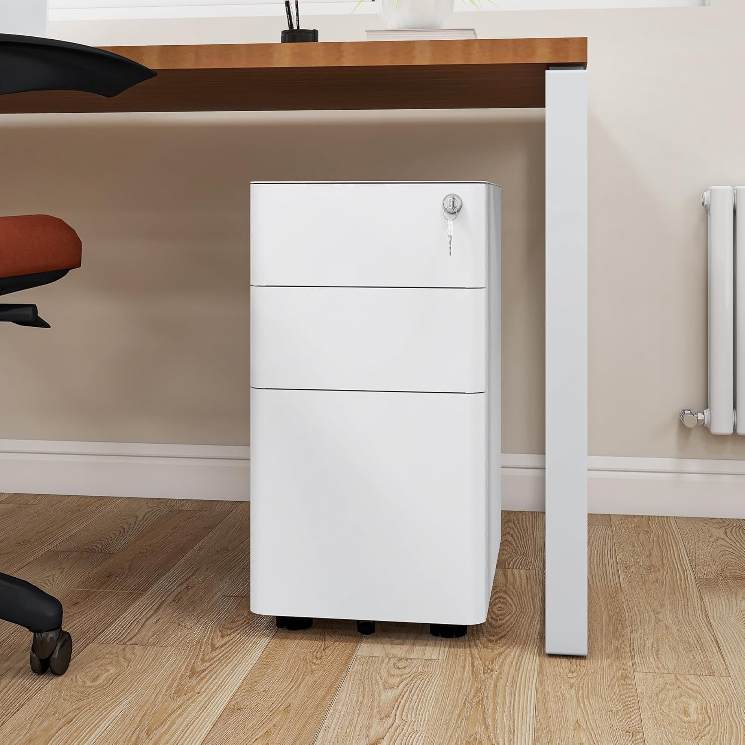 White 3 Drawer Lockable Metal File Cabinet 30x45x61cm Slim