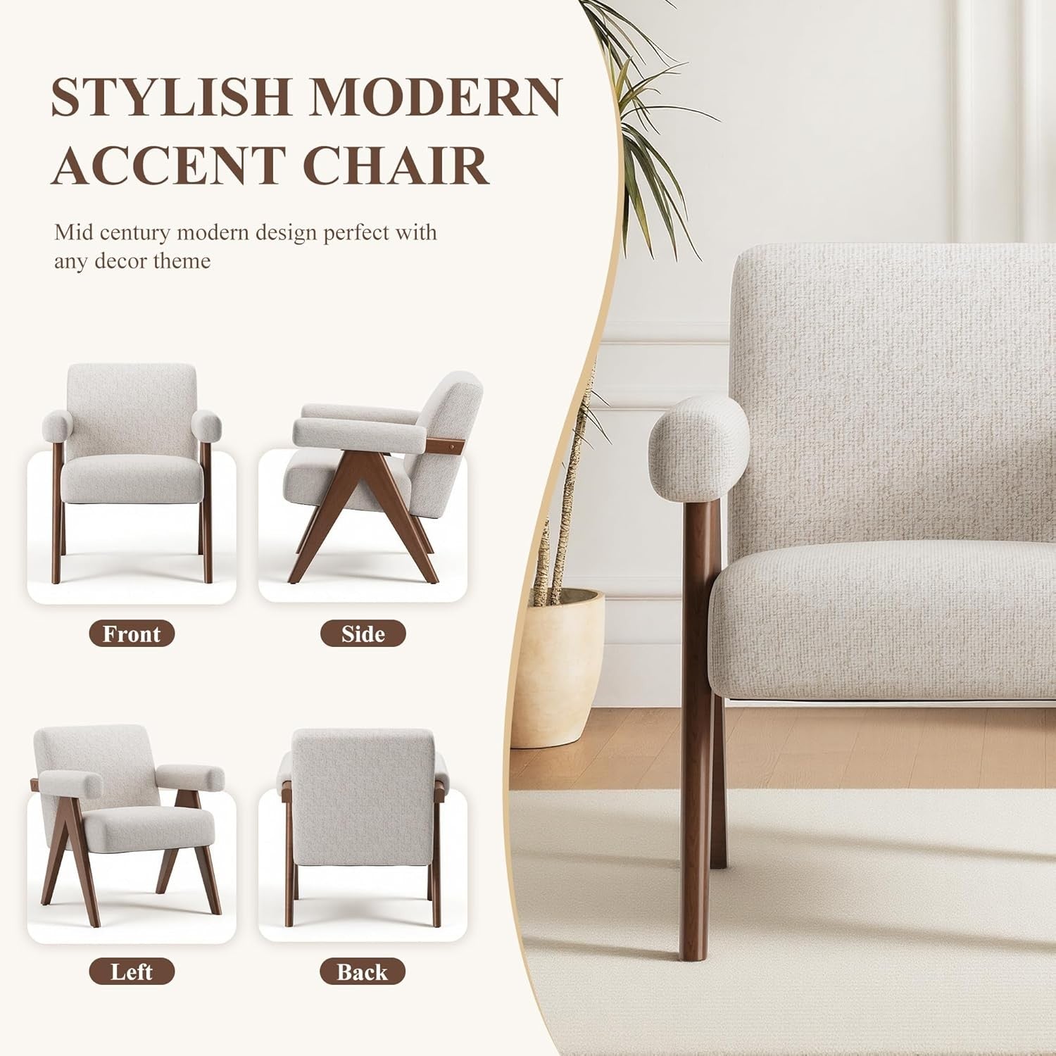 Beige Accent Armchair Upholstered Lounge Chair Wood Frame