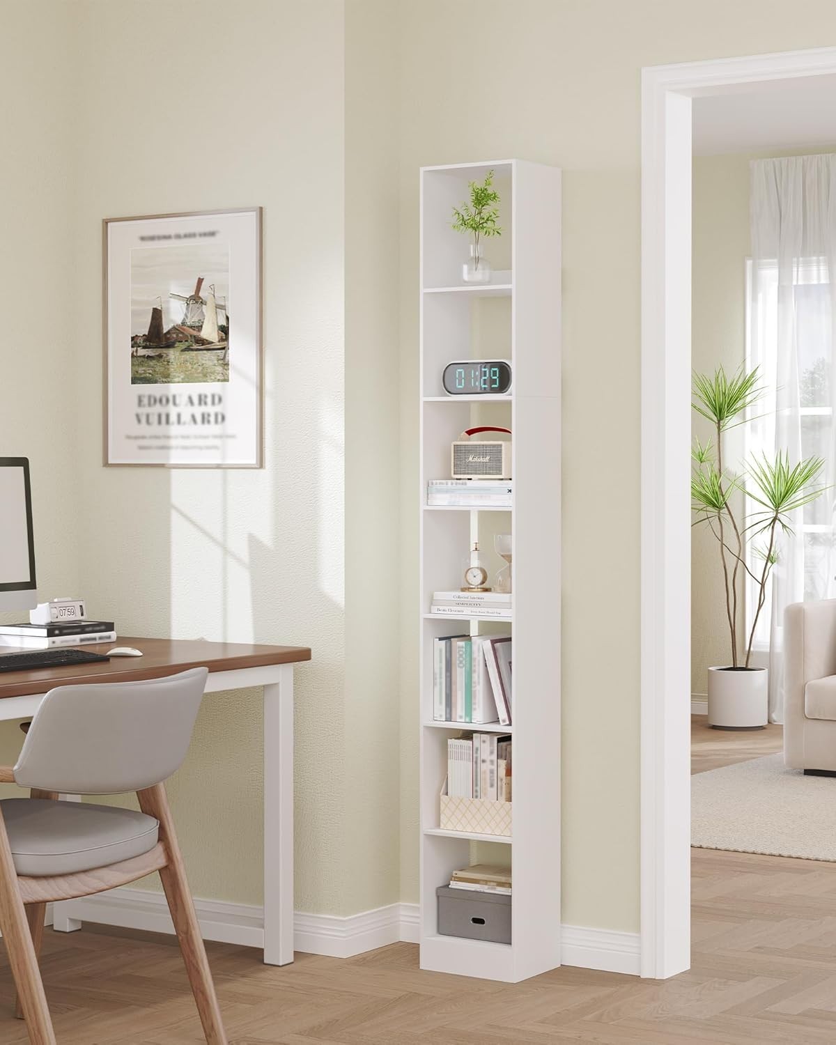 Modern 7-Tier White Wooden Bookshelf, Adjustable Shelves, 24x30x214 cm