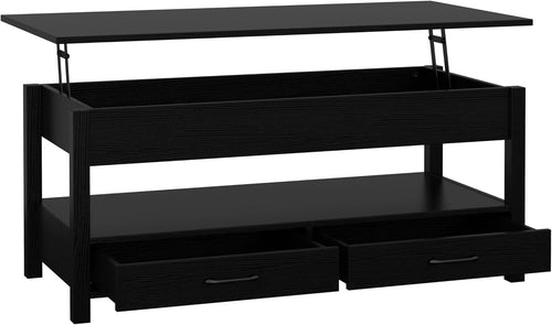 Lift-Up Coffee Table with Storage Drawers & Hidden Compartment Black Wood