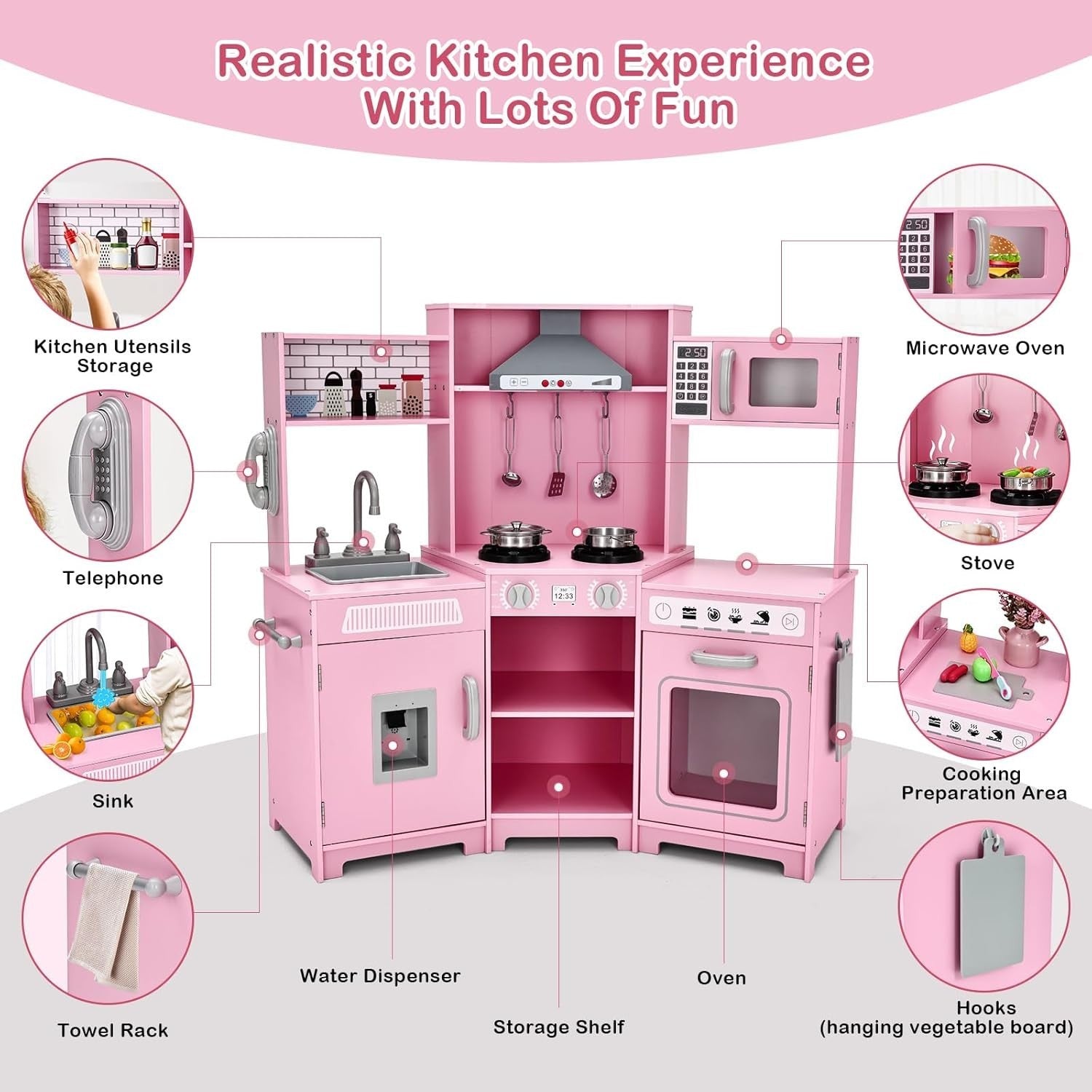 Corner Wooden Kids Play Kitchen Pink Lights Sounds Toy Set Large