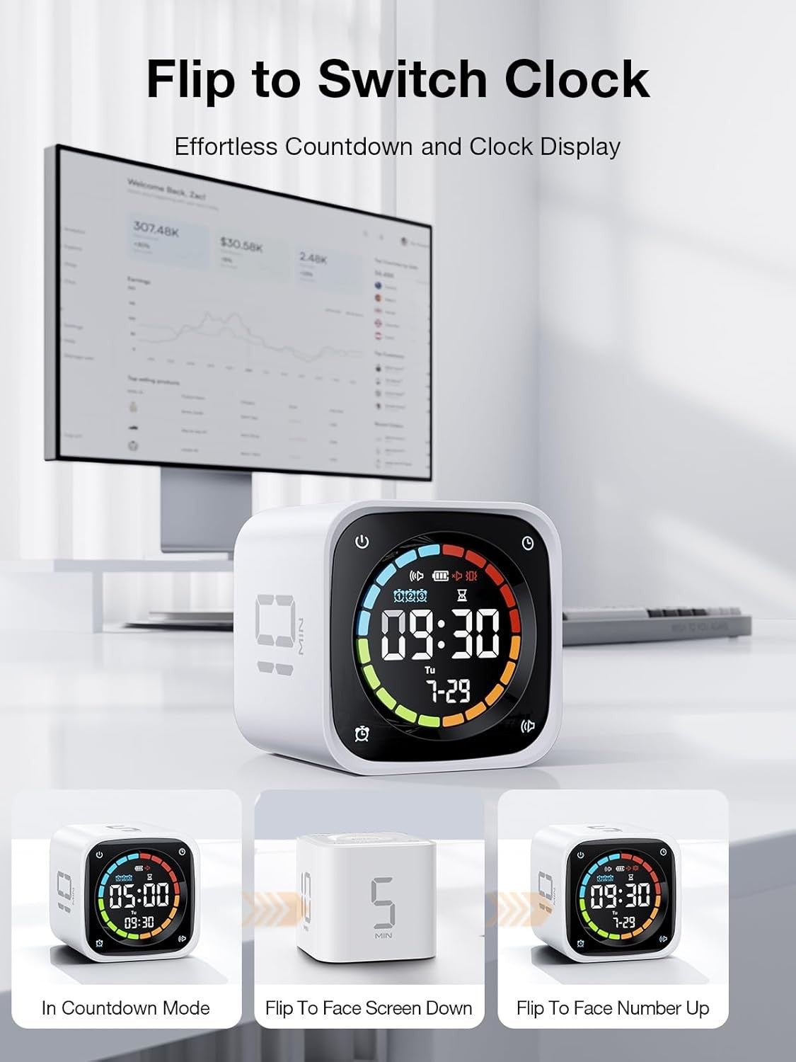 Pomodoro Timer Cube White Digital Countdown Stopwatch Focus Study Desk Clock