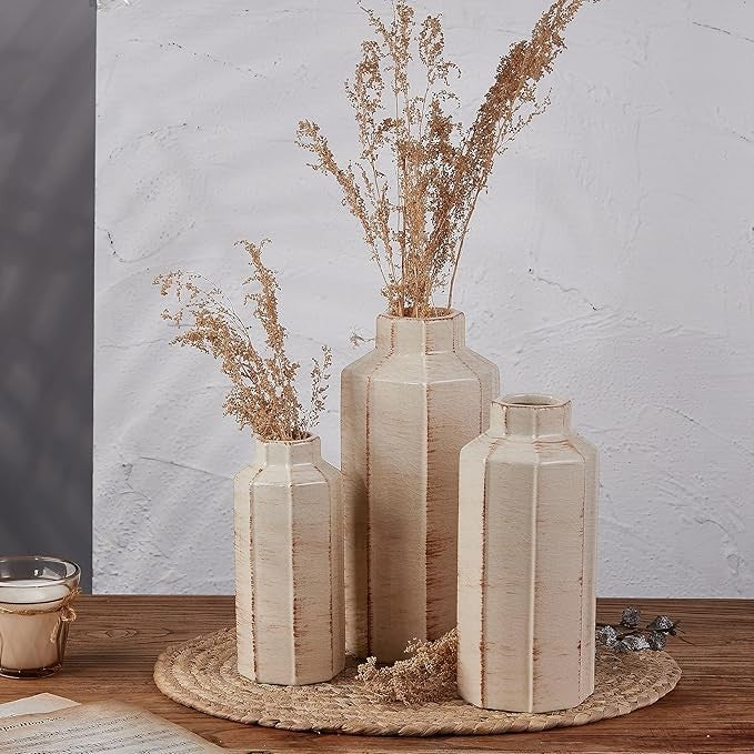 Ceramic Vase Set of 3 Rustic Farmhouse Ice Crack Glaze Table Shelf Decor