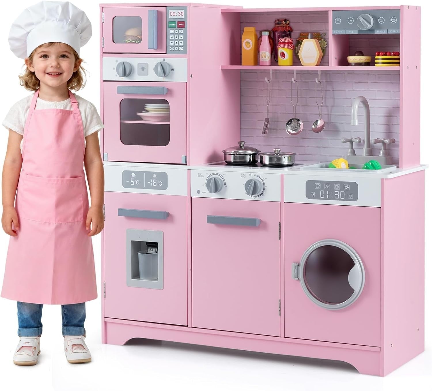 Pink Kids Wooden Play Kitchen Lights Sounds Washer Coffee Toy