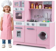 Pink Kids Wooden Play Kitchen Lights Sounds Washer Coffee Toy