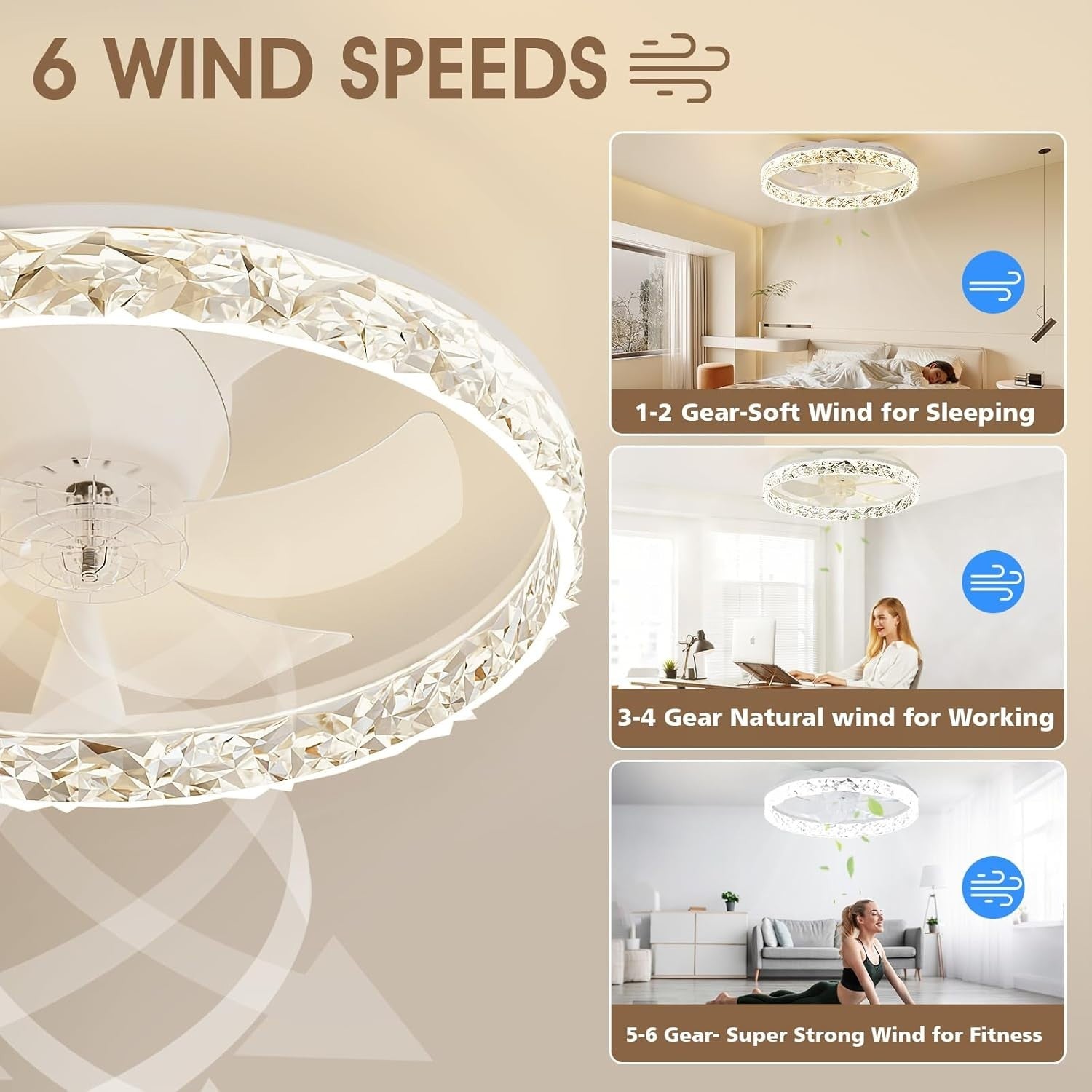 50CM LED Ceiling Fan Light, Remote & App Control, 6 Speed, Dimmable, Quiet Motor