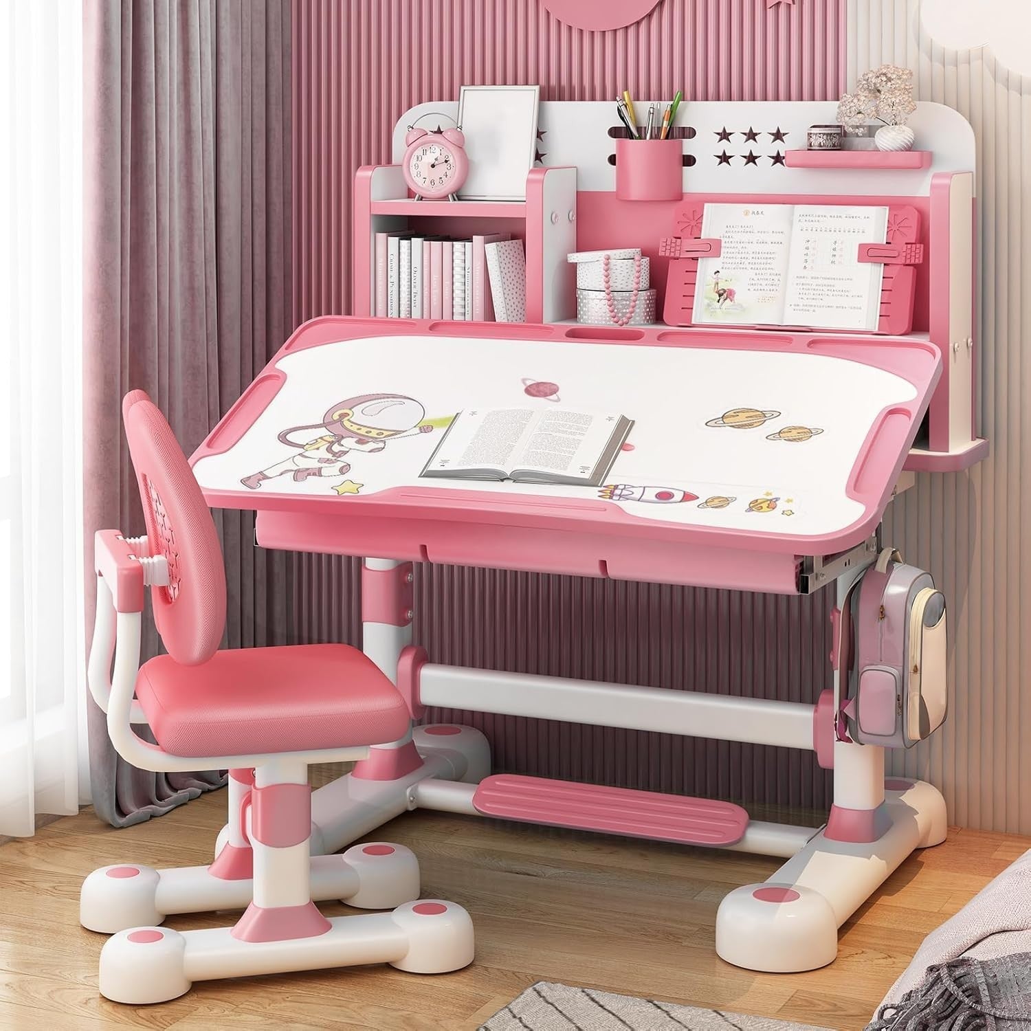 Adjustable Kids Desk & Chair Set with Tilt Top & Drawer – Pink Study Table