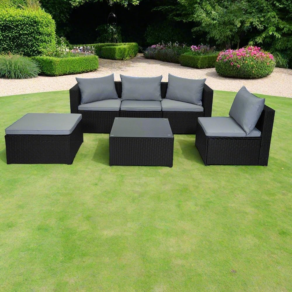 Black 6-Piece Outdoor Rattan Garden Sofa Set Modular Patio Couch with Cushions