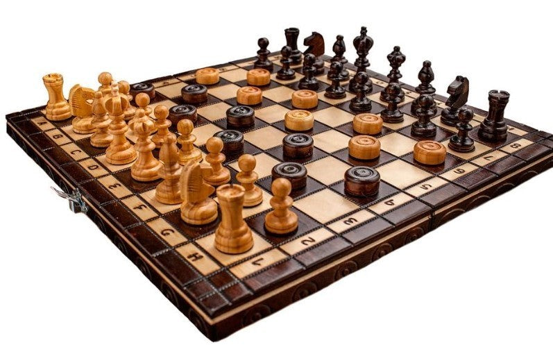 35cm Wooden Chess Set Handcrafted Cherry Wood Board & Draughts Game