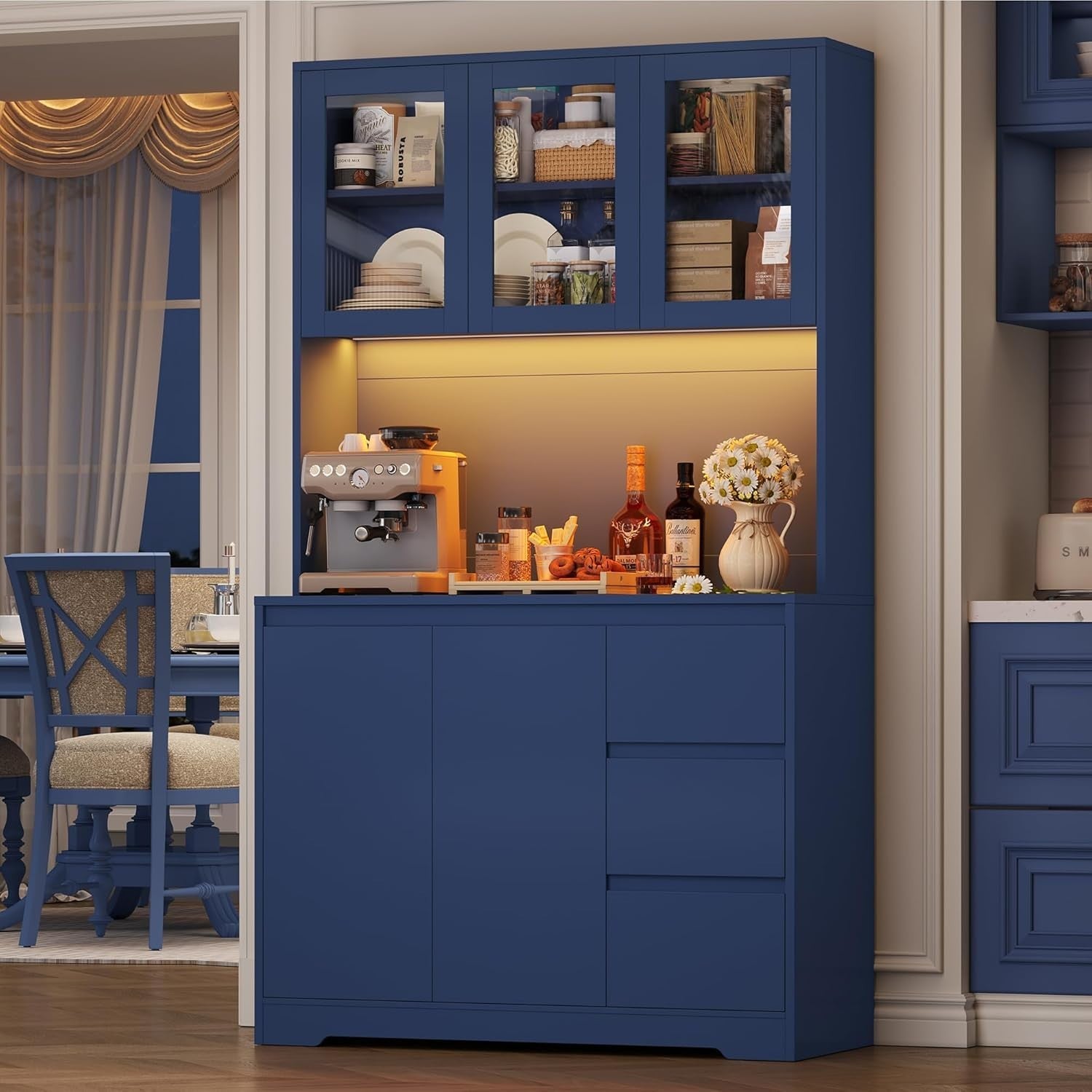 Blue Tall Kitchen Cupboard with LED, Shelves, Drawers & Power Sockets