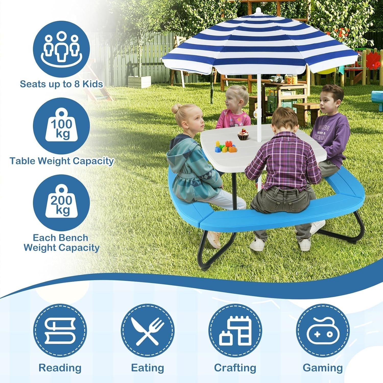 Kids Picnic Table & 8-Seat Bench Set with Adjustable Umbrella Outdoor Indoor