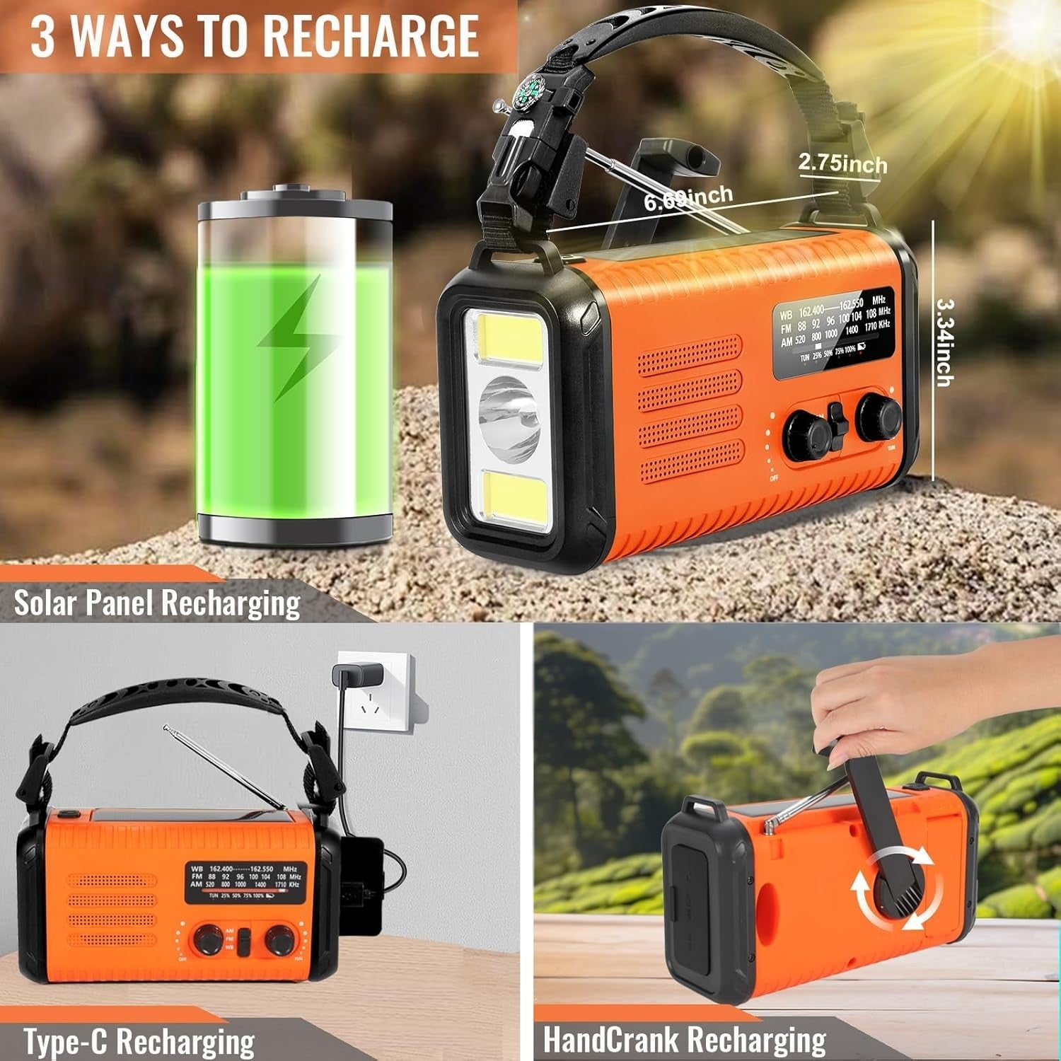 Emergency Solar Hand Crank Radio 20000mAh AM/FM/NOAA Flashlight Orange