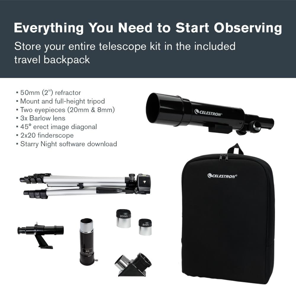 50mm Travel Scope, Portable Refractor with Tripod & Backpack-Black