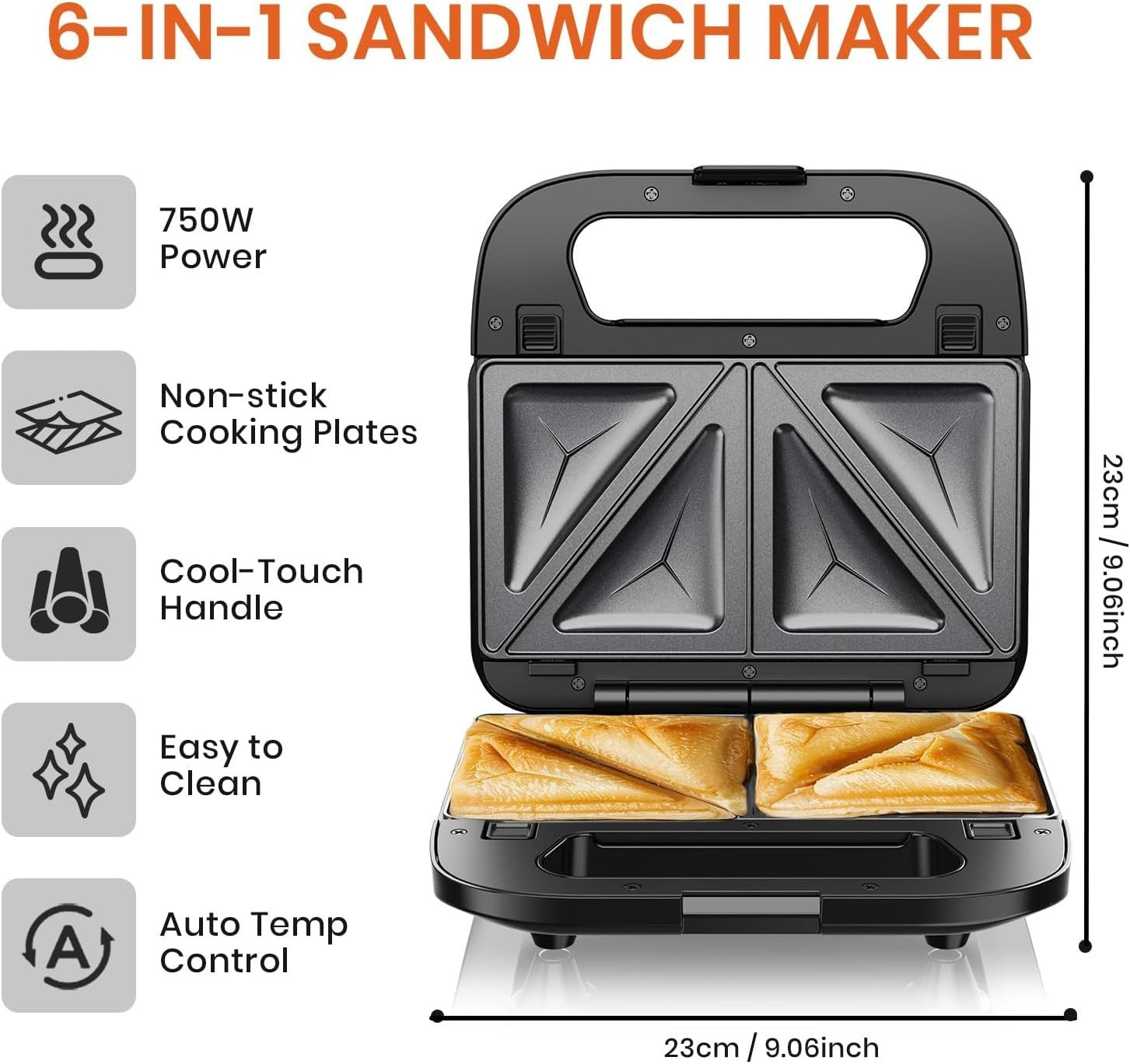 6-in-1 Sandwich Maker 37x38x17cm Non-Stick Plates Waffle Panini Donut Grill