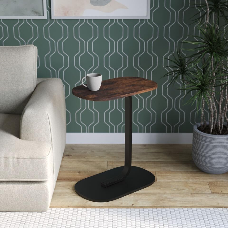 C-Shaped Side Table, Rustic Brown Wood & Metal End Table for Bedside.