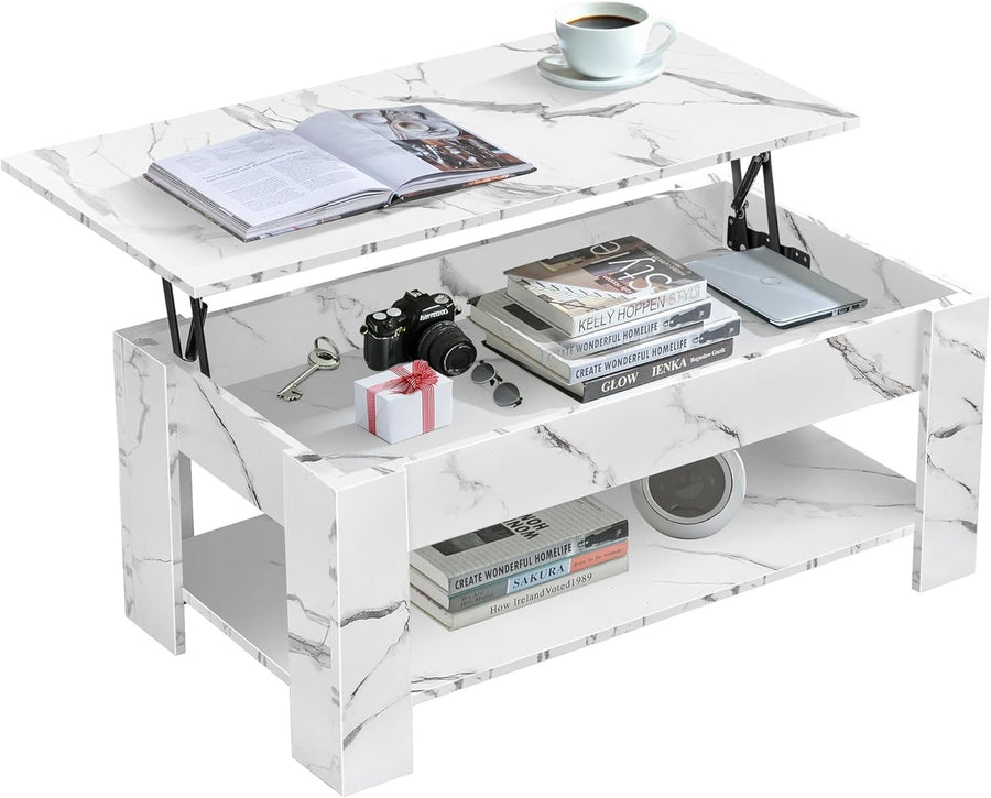Lift Top Coffee Table with Storage White Marble 120x60cm Modern Living Room