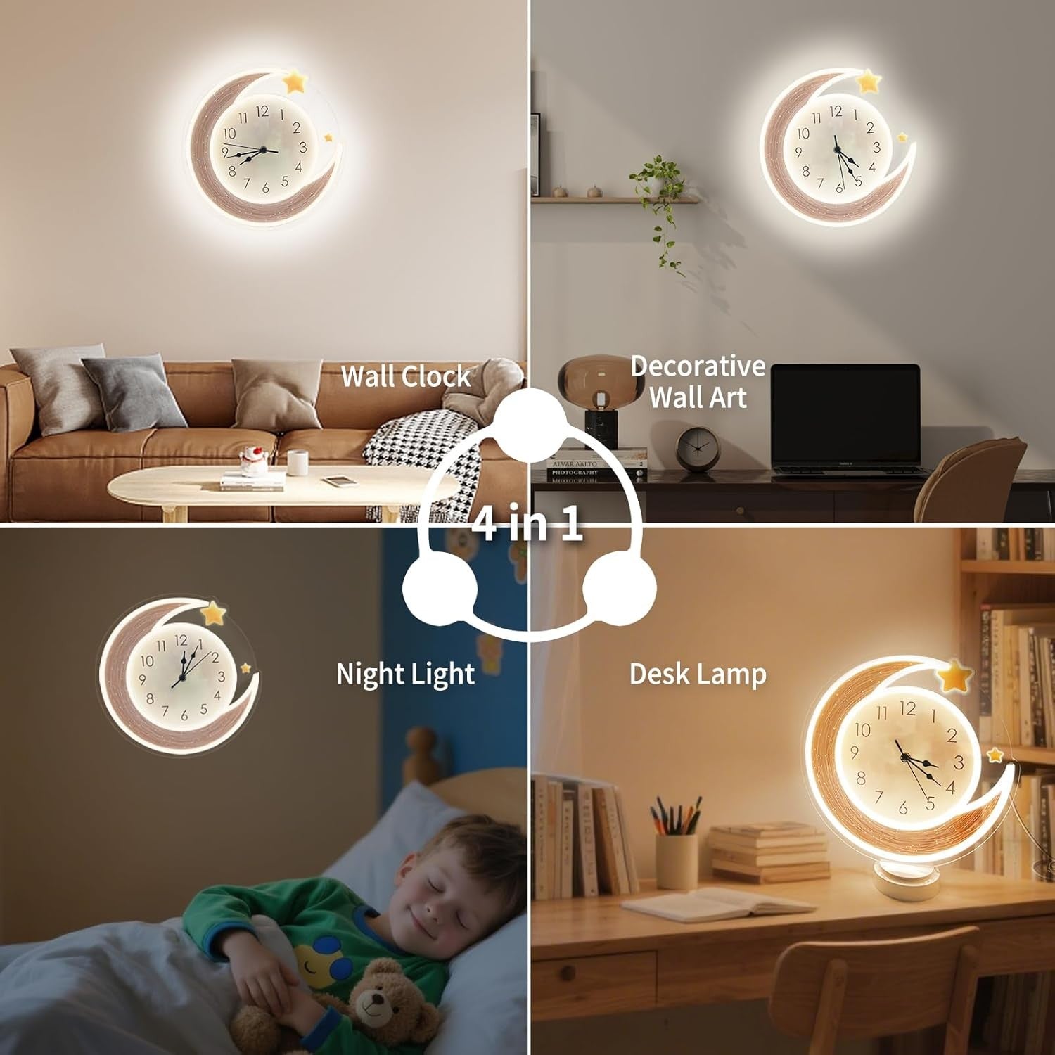 Moon Neon Wall Clock LED Dimmable Silent Night Light Bedroom Decor