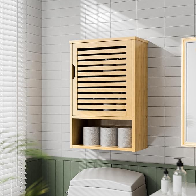 Wall Mounted Bathroom Cabinet Natural Bamboo Cupboard Adjustable Shelf Storage