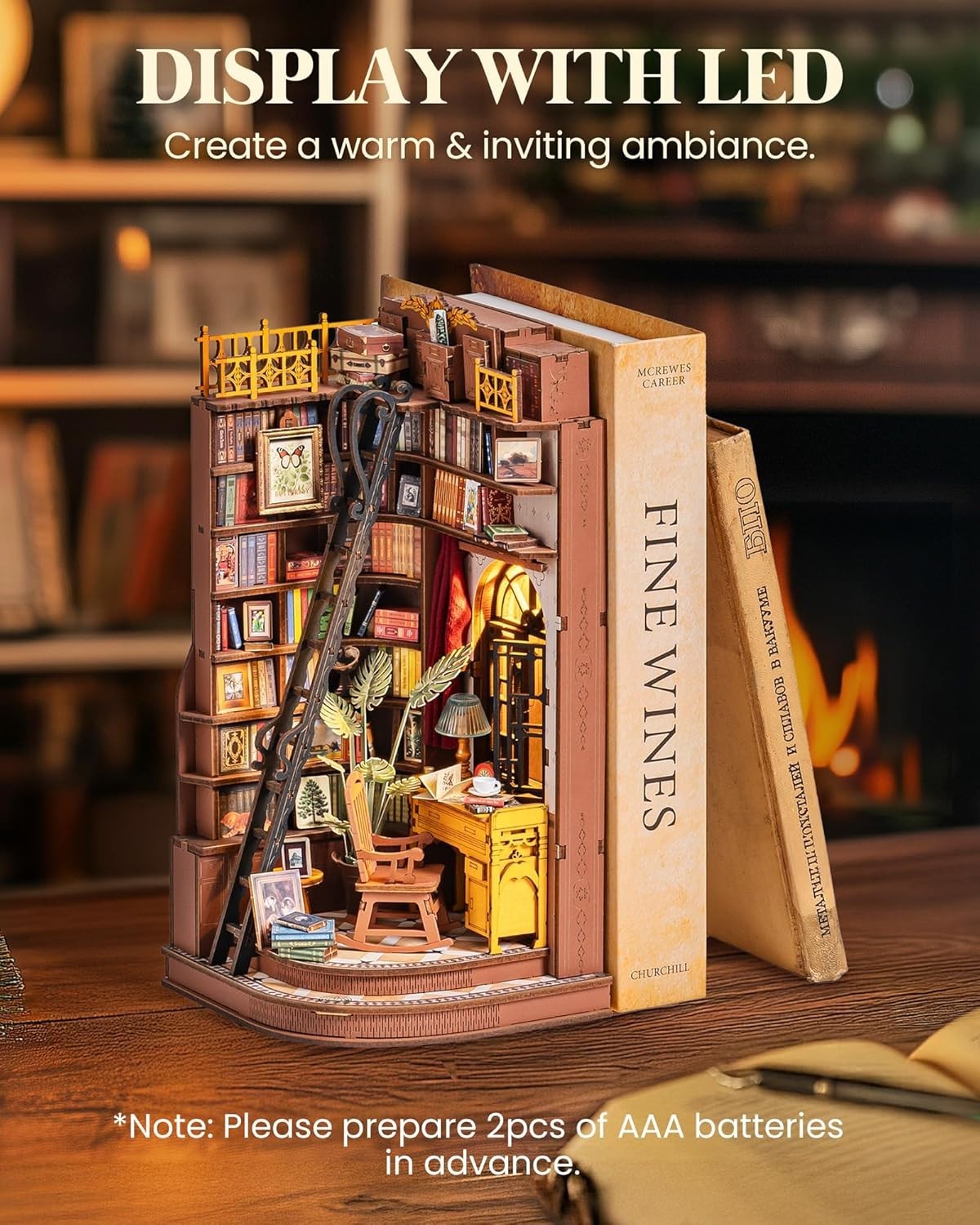 DIY Book Nook Kit LED Miniature Library 3D Puzzle Bookshelf Decor
