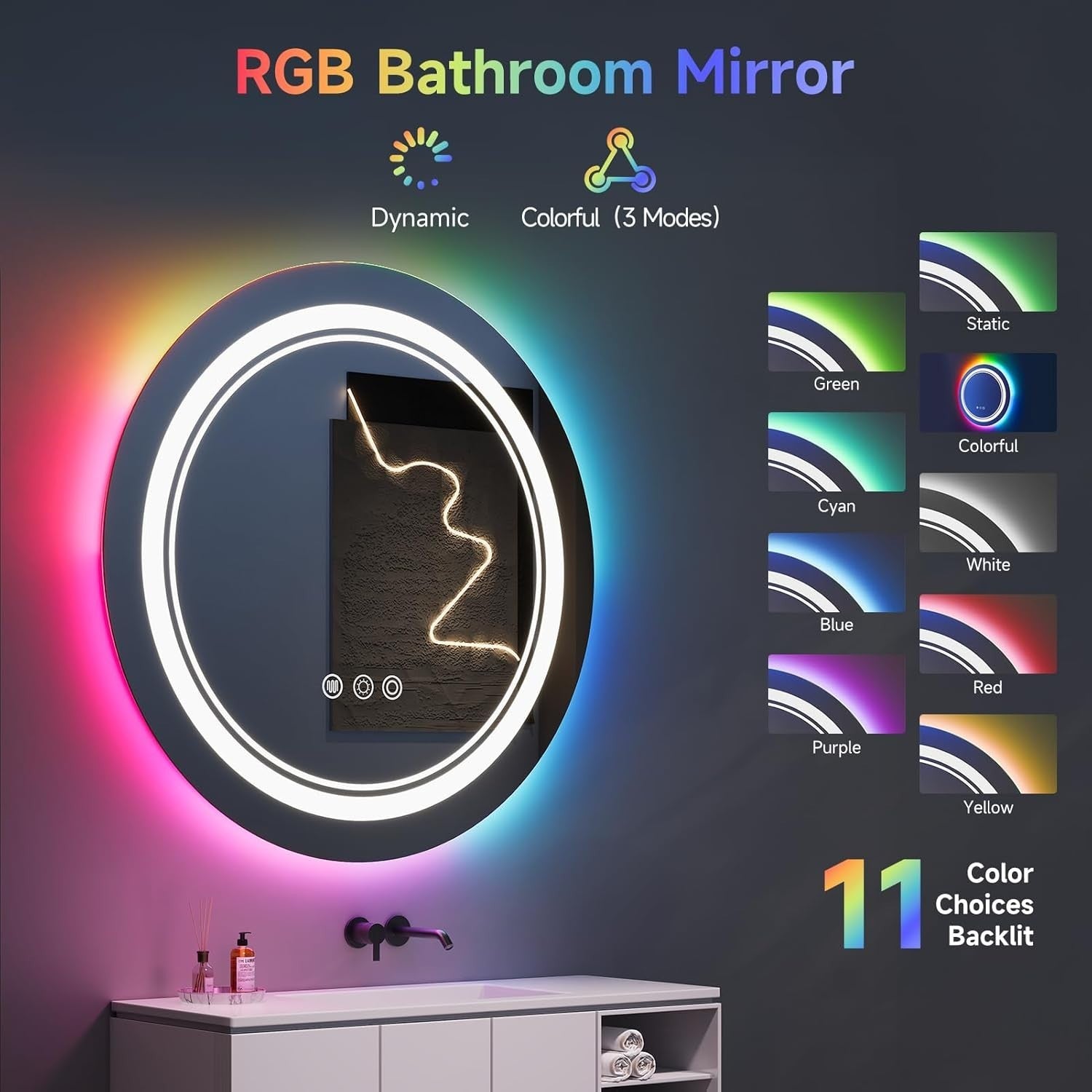 LED Bathroom Mirror 60cm Round RGB Dimmable Anti-Fog Touch Control