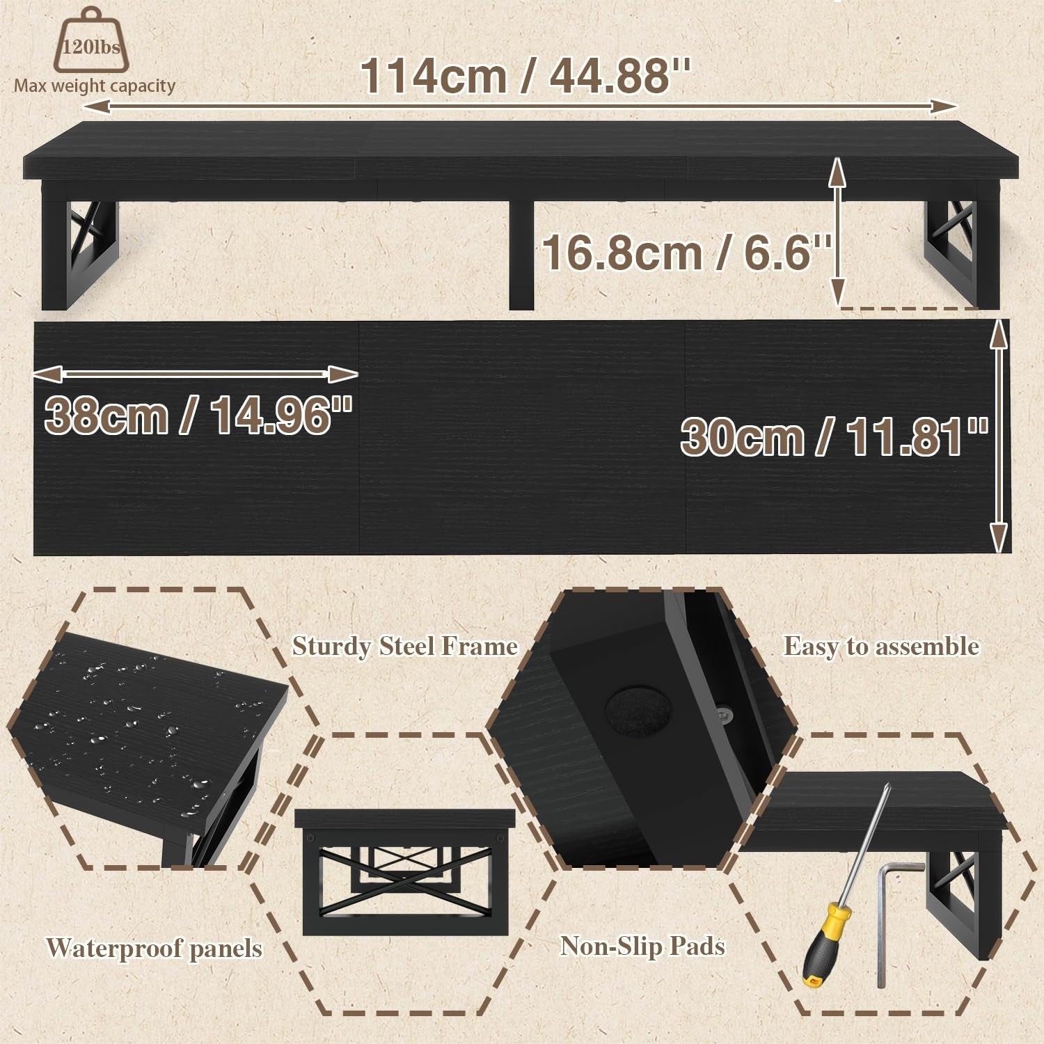 TV Monitor Riser for 32-60" with Shelf Storage, Steel Frame, Modern Desk