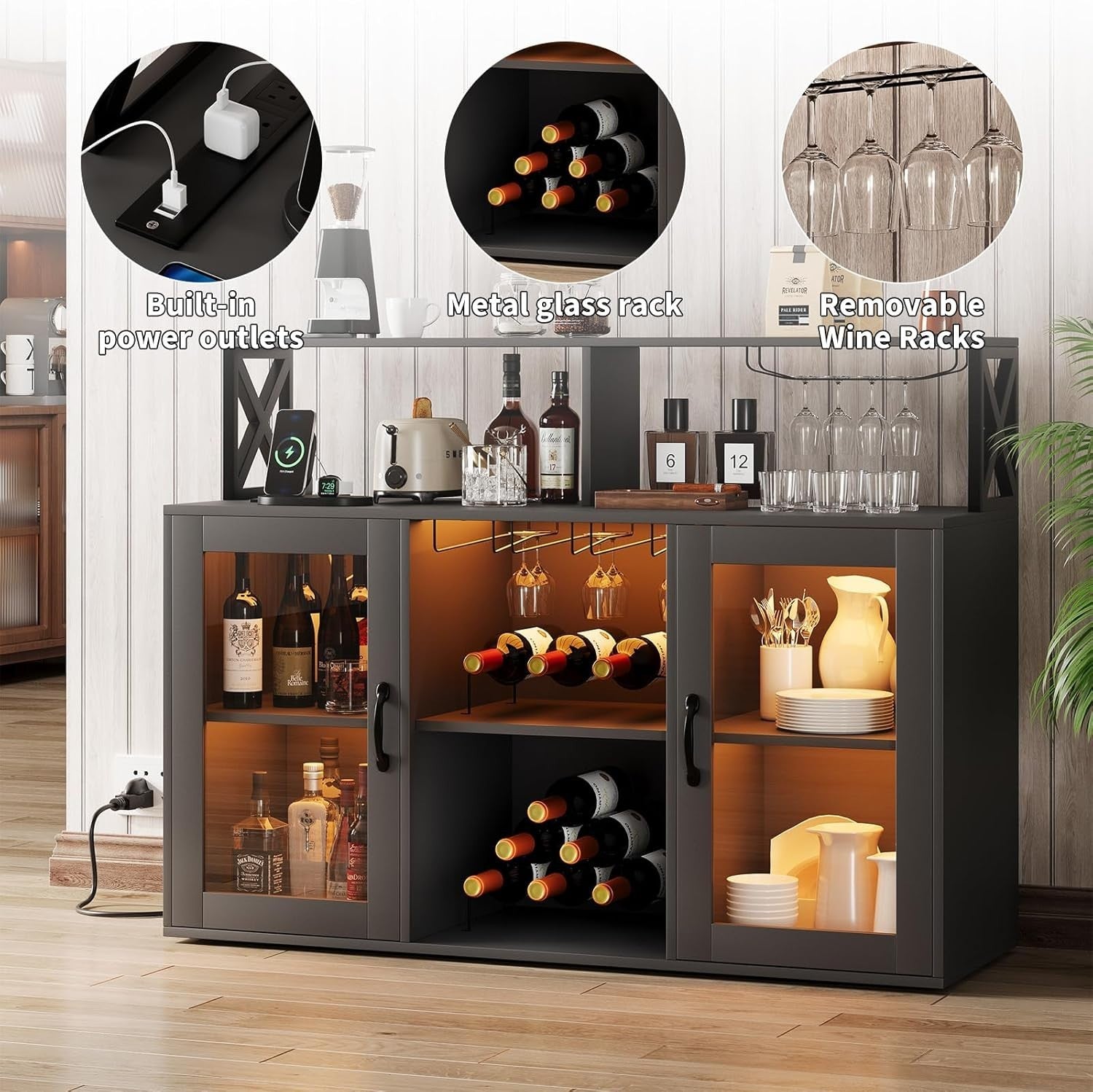 LED Bar Cabinet with USB Ports, Wine & Glass Storage, 3-Tier Buffet Sideboard