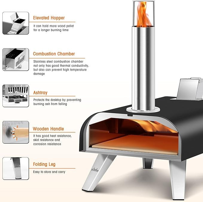 12" Outdoor Wood Fired Pizza Oven – Black Stainless Steel Pellet Pizza Maker