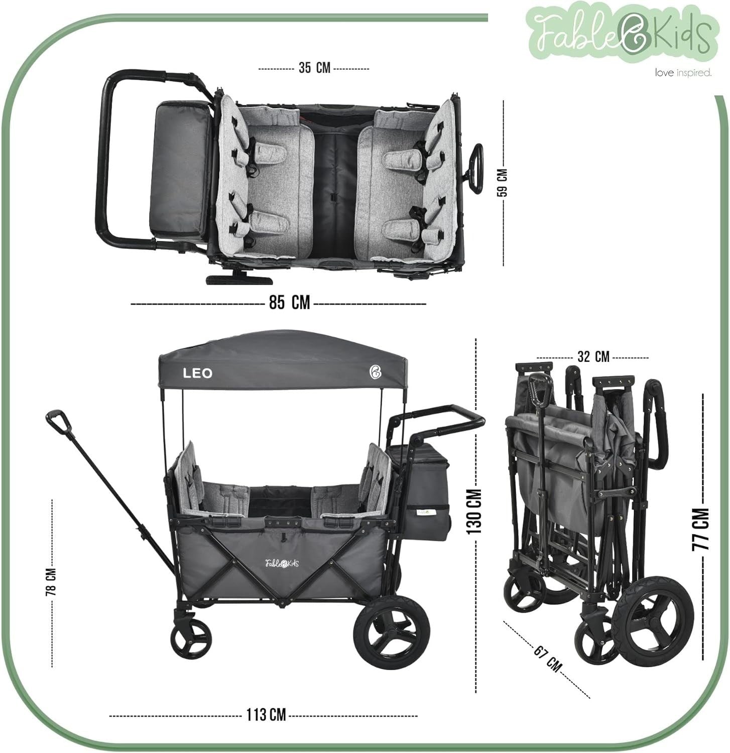 Foldable Kids Wagon with Roof 4-Seat 5-Point Belts Off-Road Wheels Grey