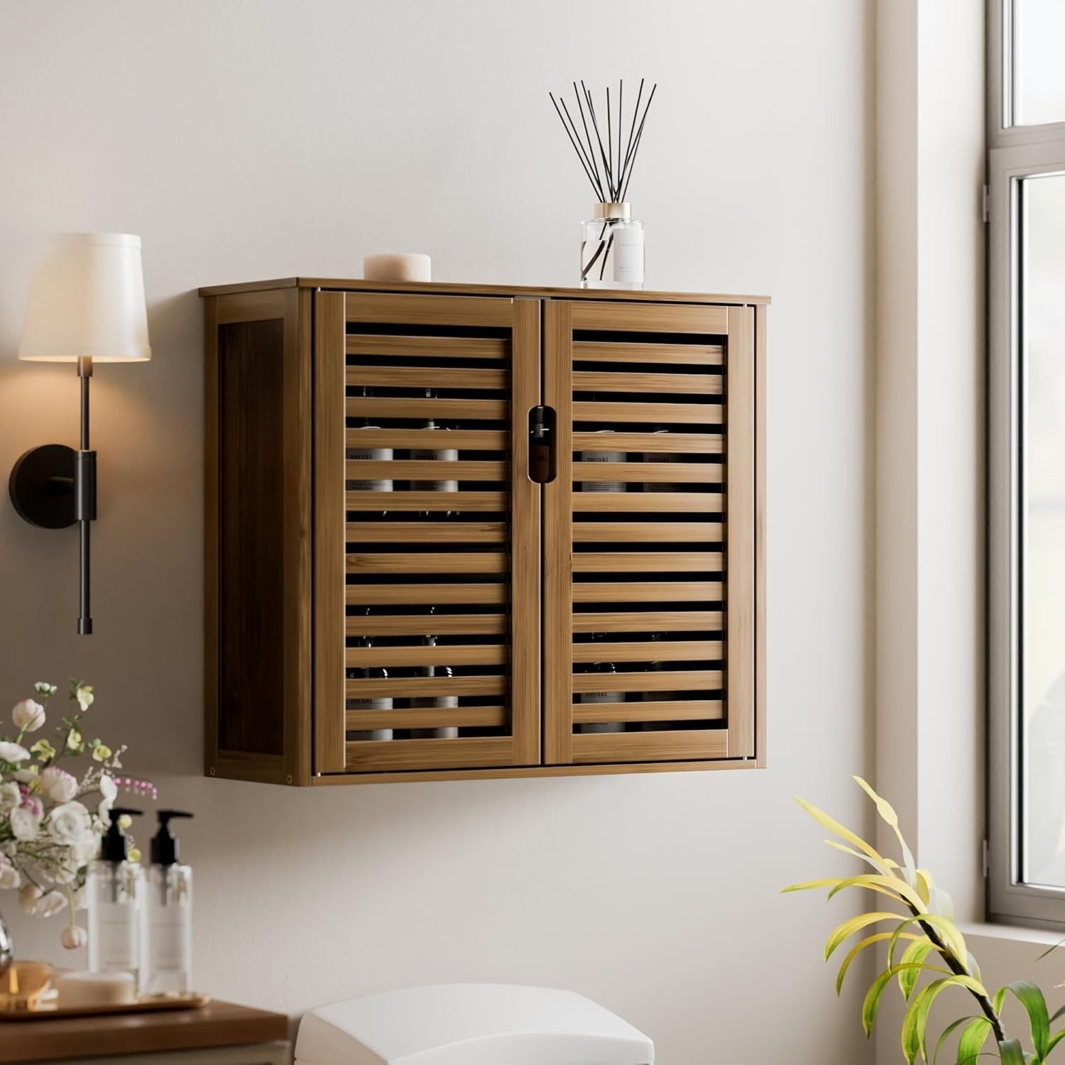 Bamboo Wall Mounted Bathroom Cabinet 2 Doors Adjustable Shelf Storage