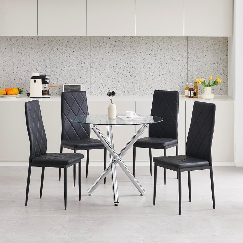 Round Glass Dining Table Set with 4 Black Leather Chairs – Modern & Durable