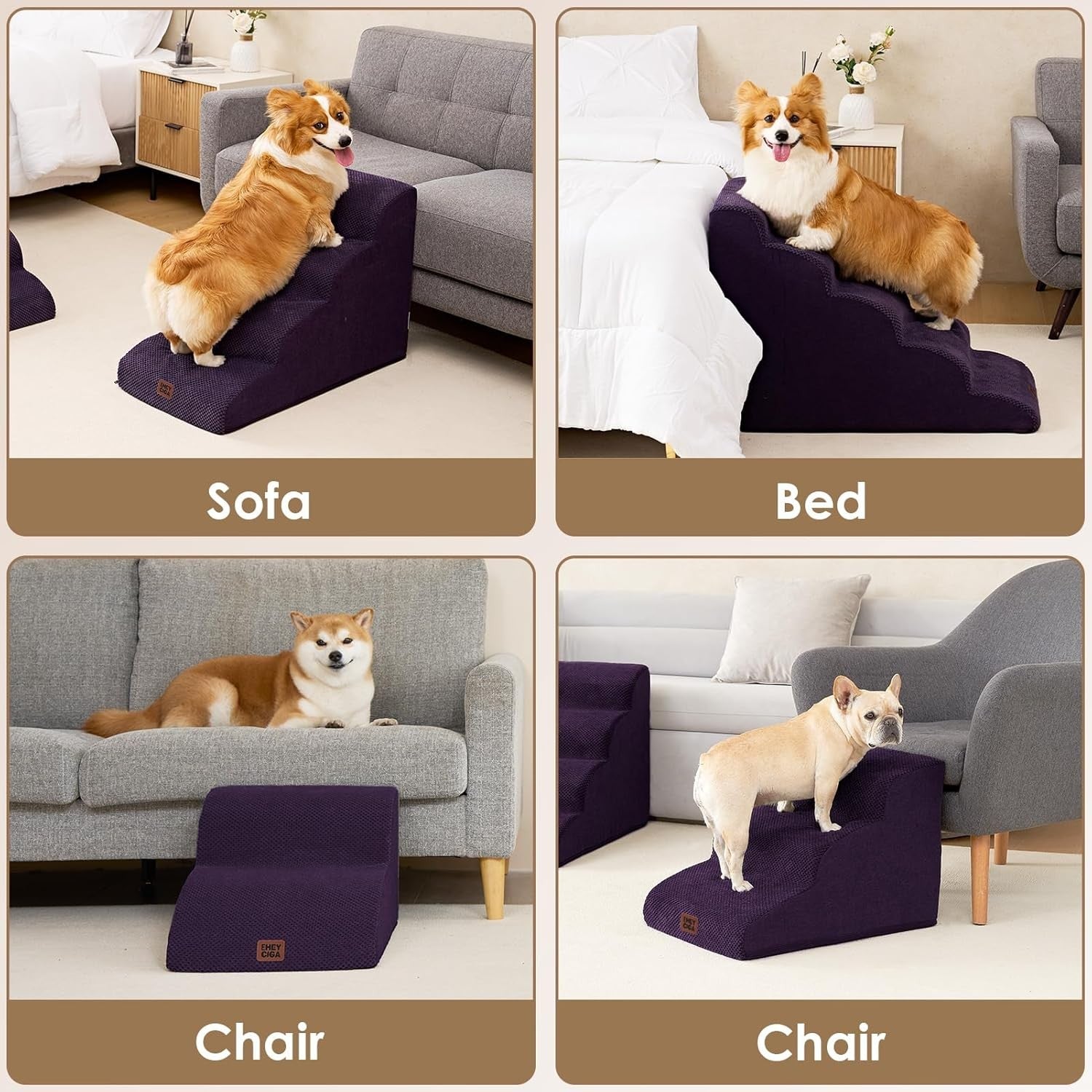 2 Step Dog Stairs for Sofa Non Slip Pet Steps Washable Purple