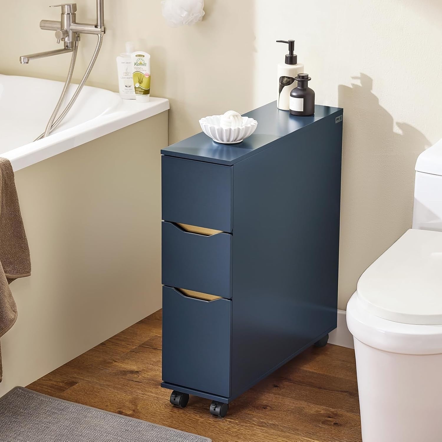 Slim 3-Drawer Bathroom Storage Cabinet with Side Compartment & Wheels
